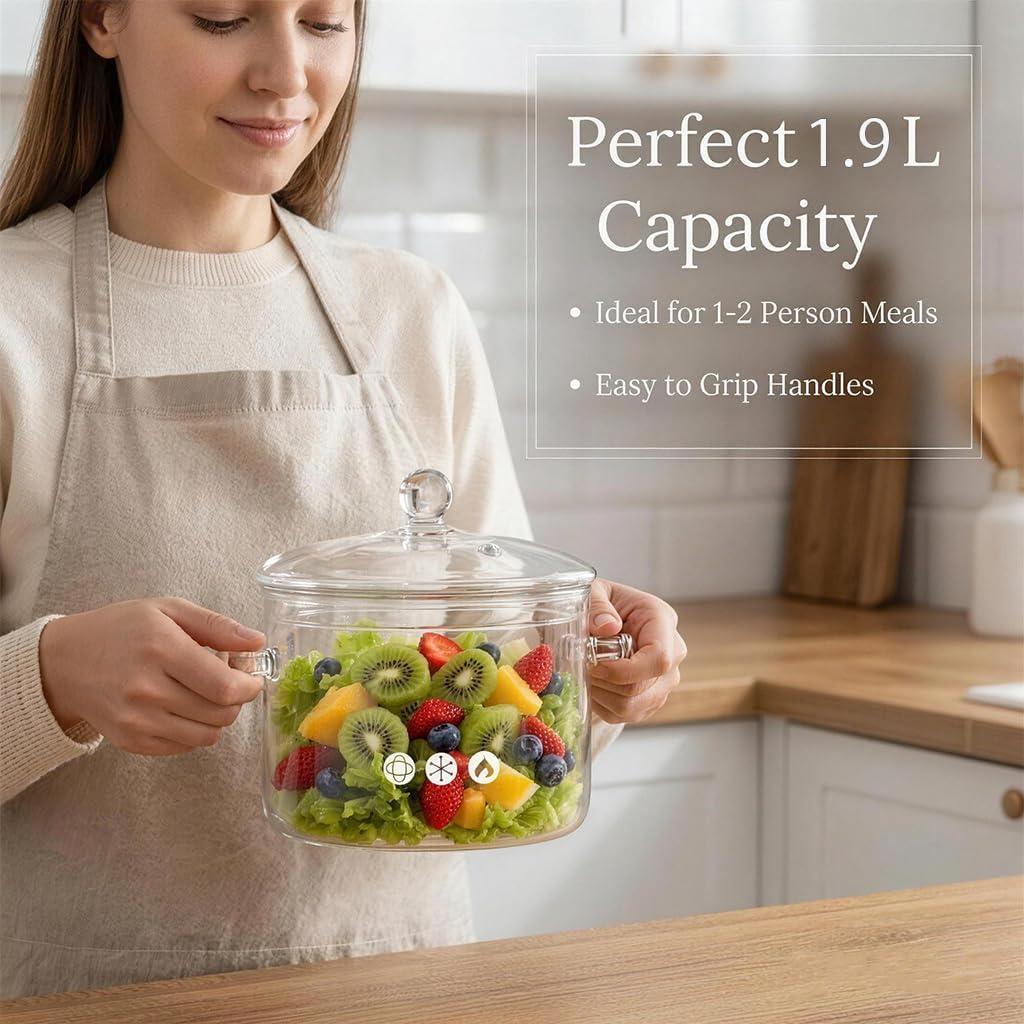 Clear Glass Pot, 1.9L, Cooking Pot with Lid and Handle, Clear Saucepan, Resistant Borosilicate Pot, Glass Saucepan for Cooking On Stove - Ideal for 1-2 People (64oz)