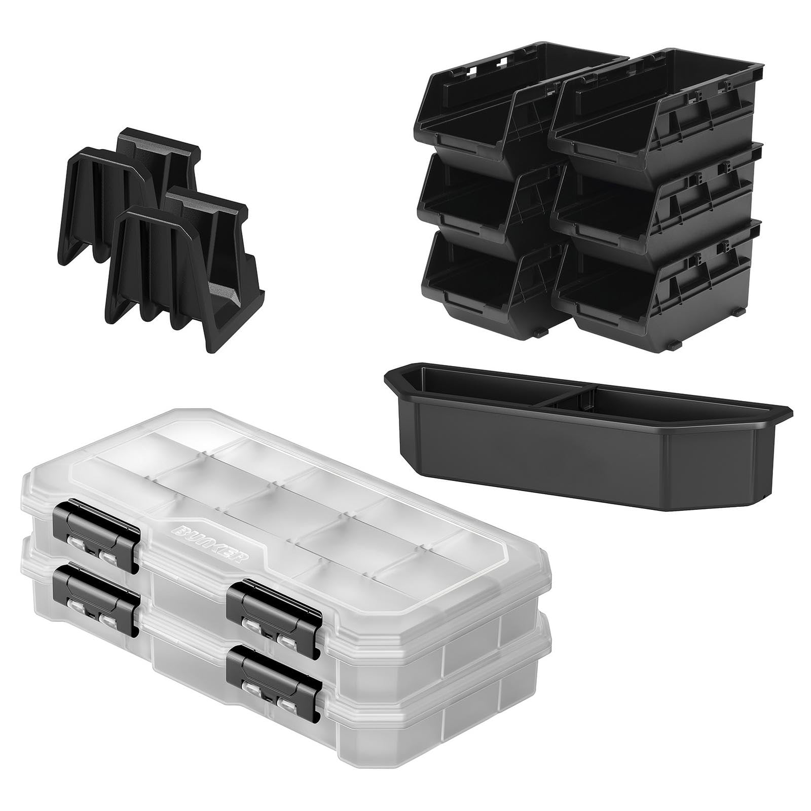BUNKER Load-Up Accessory Kit 2 - Transparent Organiser, Stackable Storage Bins, Nest Bin & Side Rail Hooks - High-Impact Modular Tool Storage System with Flexible Organisation