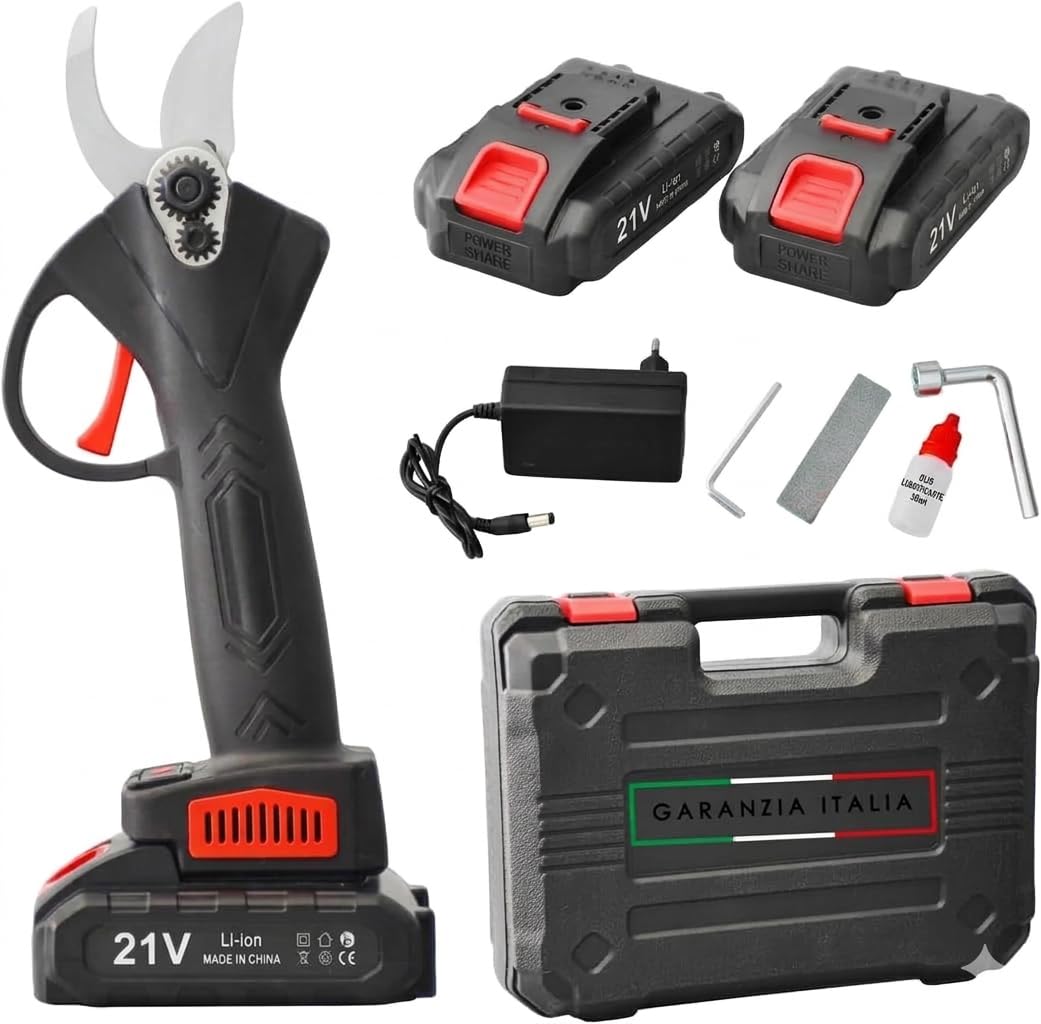 P1 Forbici Potatura a Batteria 21V Professionali, Cesoie Elettriche con 2 Batterie al Litio 2.0Ah - Diametro Taglio 30mm - Motore Brushless, Valigetta Inclusa - Per Giardino, Uliveto e Frutteto