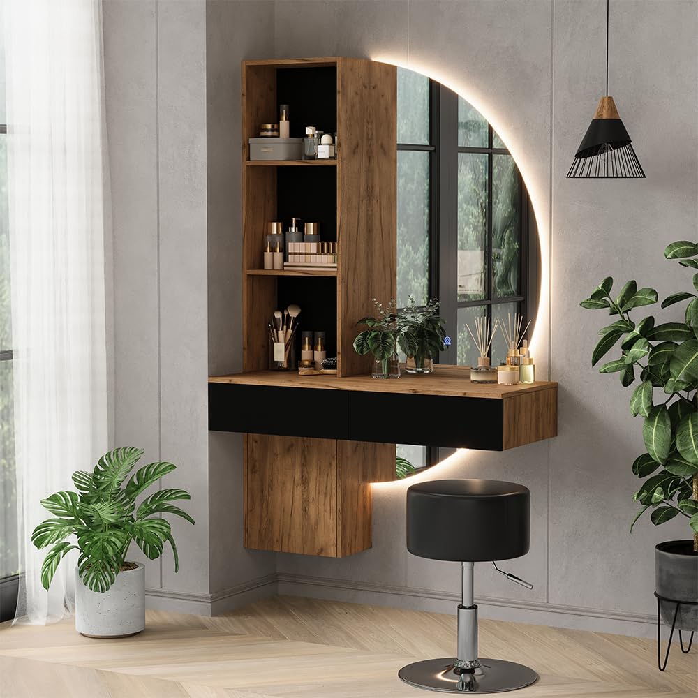 Vicco Tocador Melora, Roble/Negro, 100 cm | con espejo LED y taburete, para guardar cosméticos y accesorios