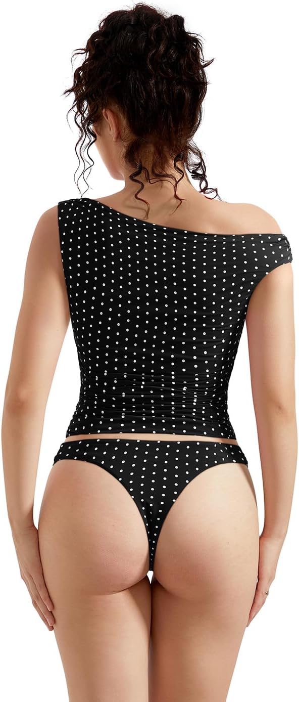 OMKAGI Women One Off Shoulder Y2K Tops Double Lined Slim Fit T Shirts Basic Tees - Image 4