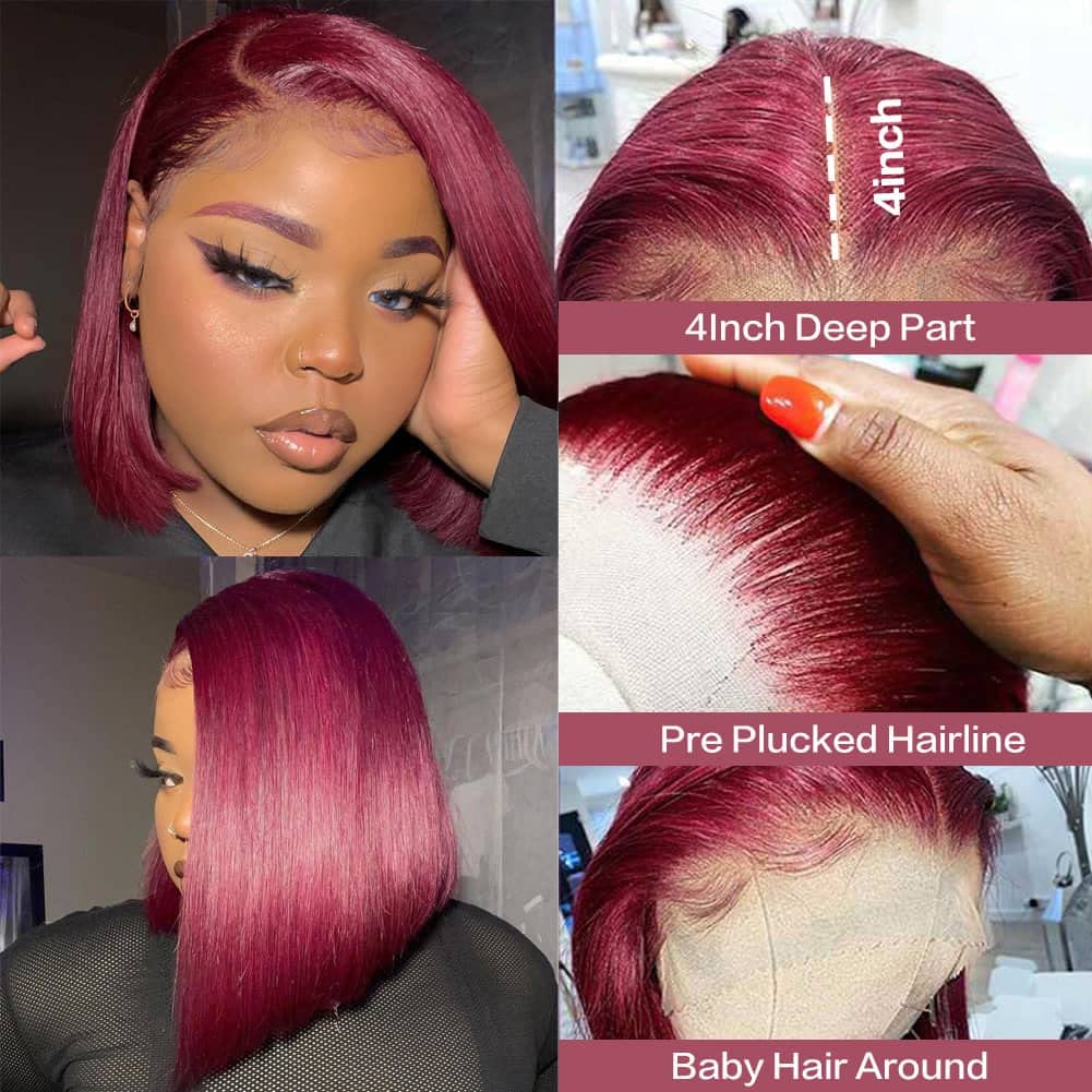 1 of 12 Inch Burgundy Straight Bob Wig Human Hair and 1 of 14 Inch Black Straight Bob Lace Front Wigs Human Hair