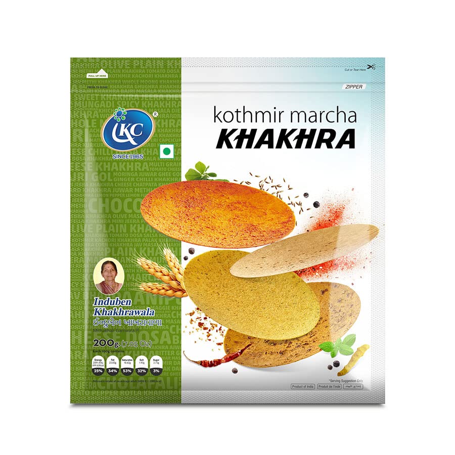 Induben Khakhrawala Premium Tasty and Healthy Indian Gujarati Snacks Khakhra 200gm (7 oz) KOTHMIR-MARCHA ( CORIANDER-CHILLI ) Pack of 2