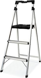 3 Step Ladder Folding Step Stool, 7.4 Lbs Aluminum Step Ladder Max Load 900lbs | Anti-Bump & Wide Non-Slip Pedal, Tool Tray, Safety Lock | Home, Office, Kitchen | Collapsible & Portable