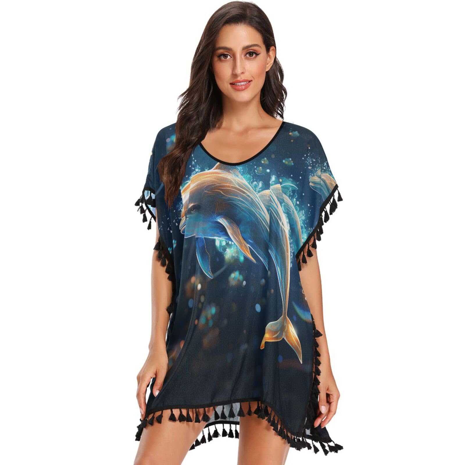 Universe Flying Blue Dolphin Women's Beach Cover Up Chiffon Tassel Swimwear Swimsuit Coverups for Girl