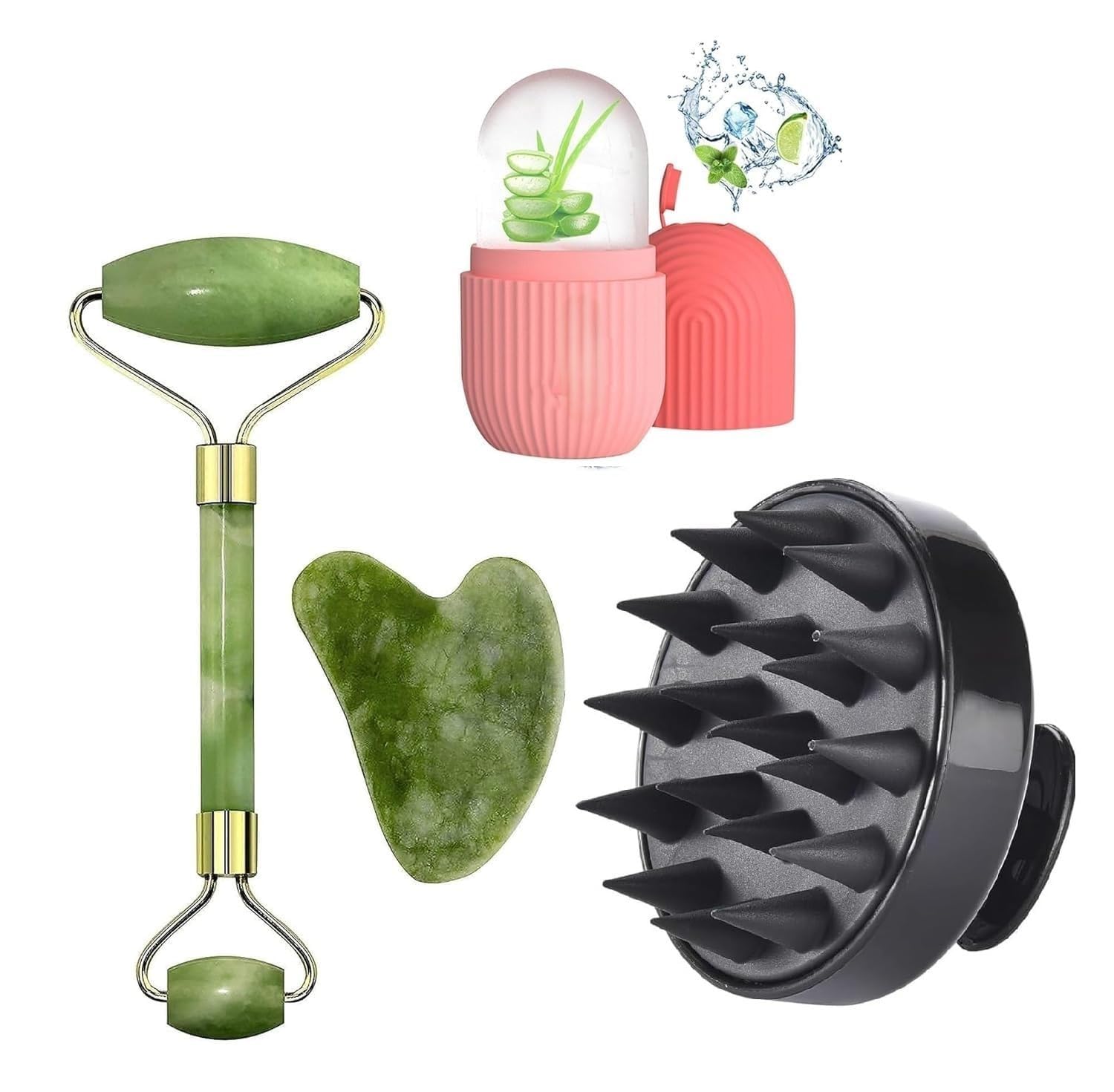 Facial Massager Jade Roller & Gua Sha Tool Natural Himalayan Stone For Face Neck Healing Skin Wrinkles & Serum Application Hair Scalp & Ice Massager Combo Offer (Multy Coloured) - Pack of 4-image-13