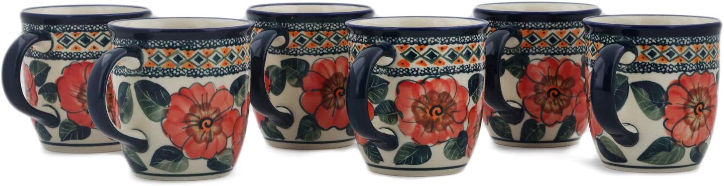 Polmedia Polish Pottery Set of Six 12oz Mugs 12 oz UNIKAT - Peach Poppies Pattern Handmade in Boleslawiec Poland + Certificate of Authenticity