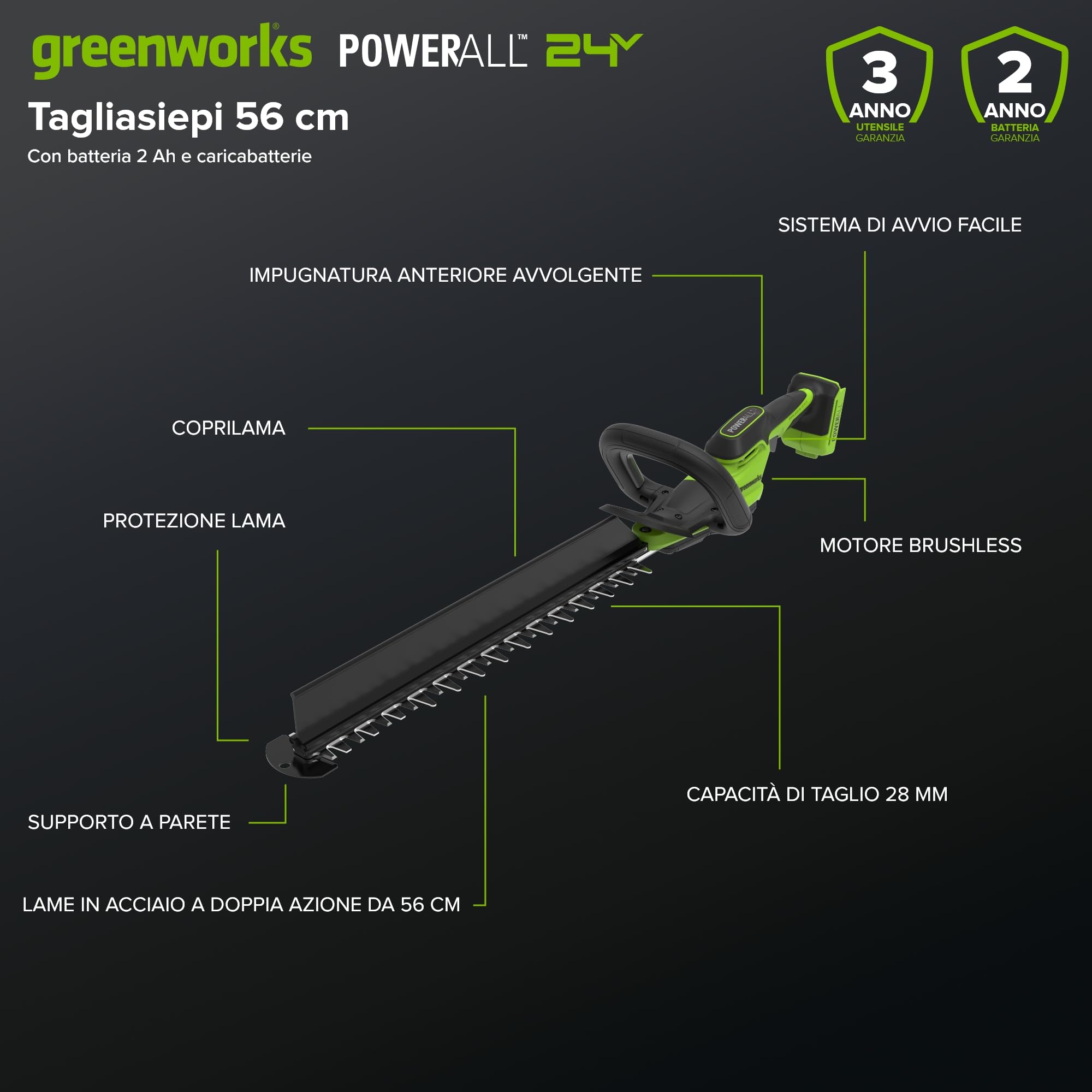Greenworks Cortasetos a batería 24V 56 cm con batería incluida, Motor brushless, Cuchilla Doble acción 28 mm, Hedge Sweeper, Cargador HT2202A1