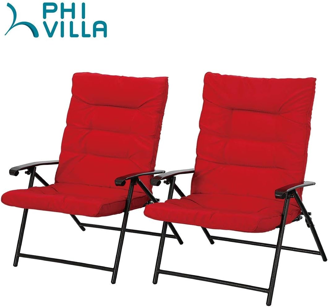 PHI VILLA 3 PCS Patio Bistro Set Outdoor Furniture Folding Chairs Set with Red Cushions, 2 Adjustable Reclining Chairs & 1 Tempered Glass Coffee Table