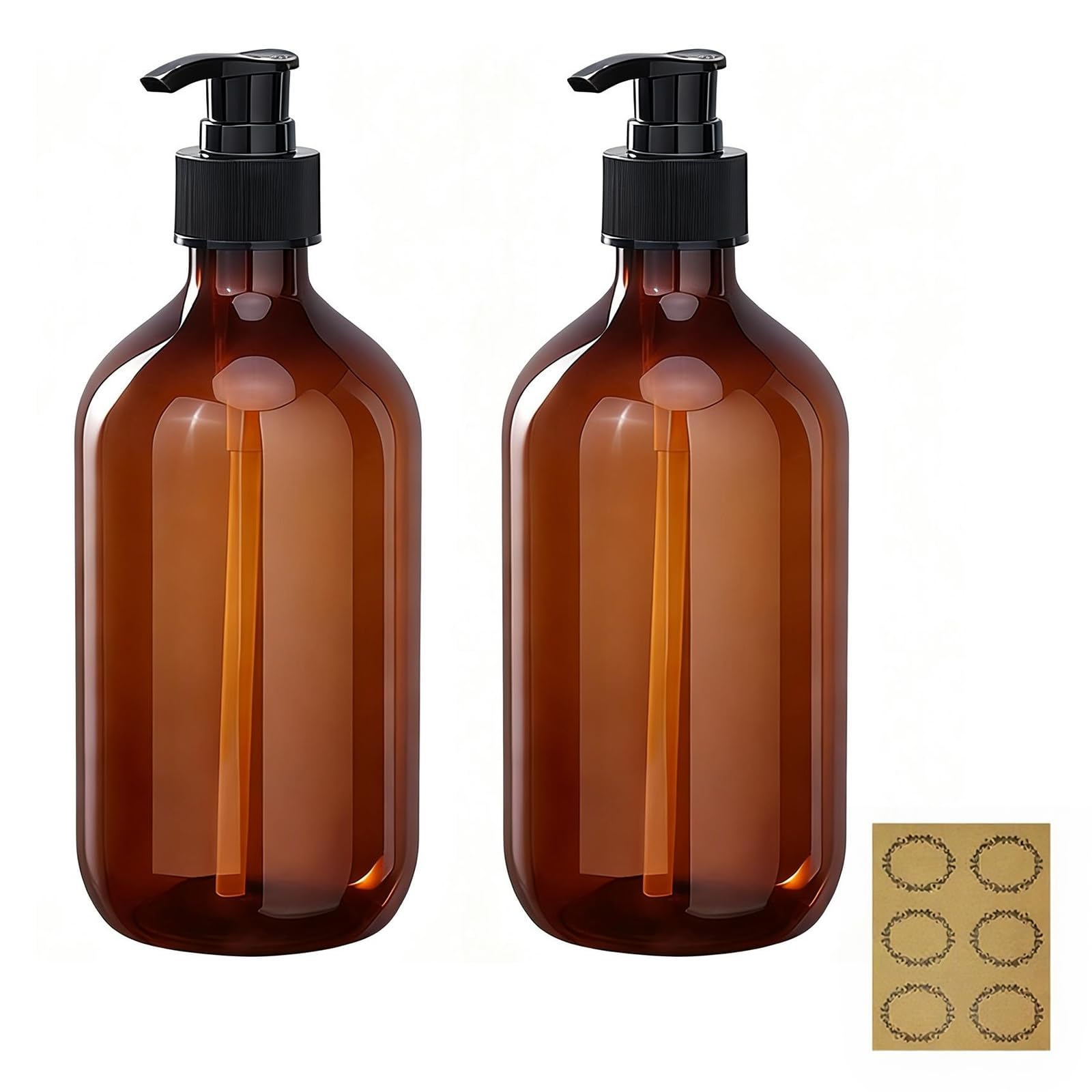 2Pcs Pump Bottle Dispenser, Alledomain 500ML/17OZ Refillable Empty Press Pump Bottles, Plastic Liquid Soap Dispenser Storage Holder Container for Lotion Shampoo with Label for Kitchen/Bathroom(Brown)