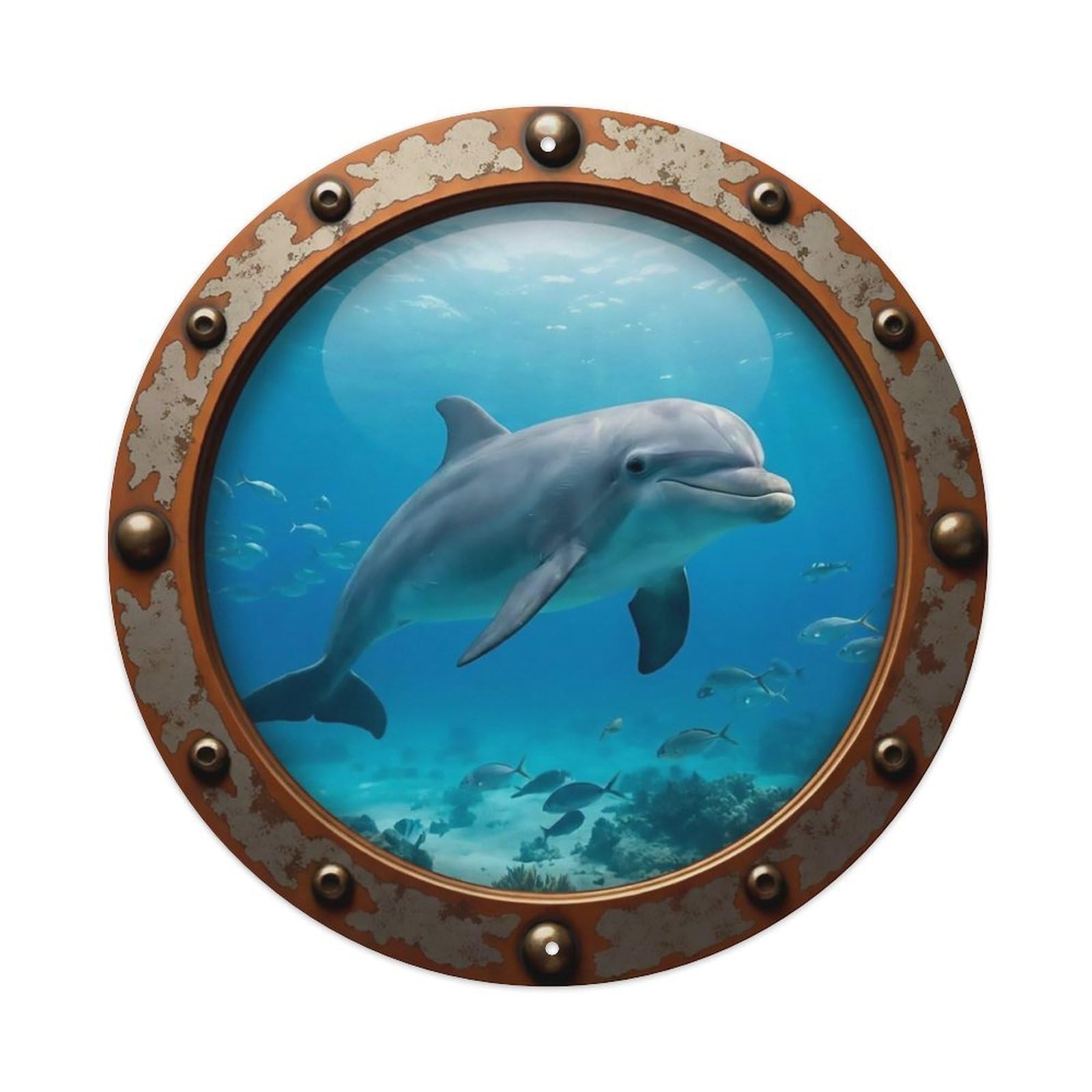 Odgynaw 8X8inch(20X20cm) Vintage Porthole Dolphin Nautical Window View Metal Tin Sign