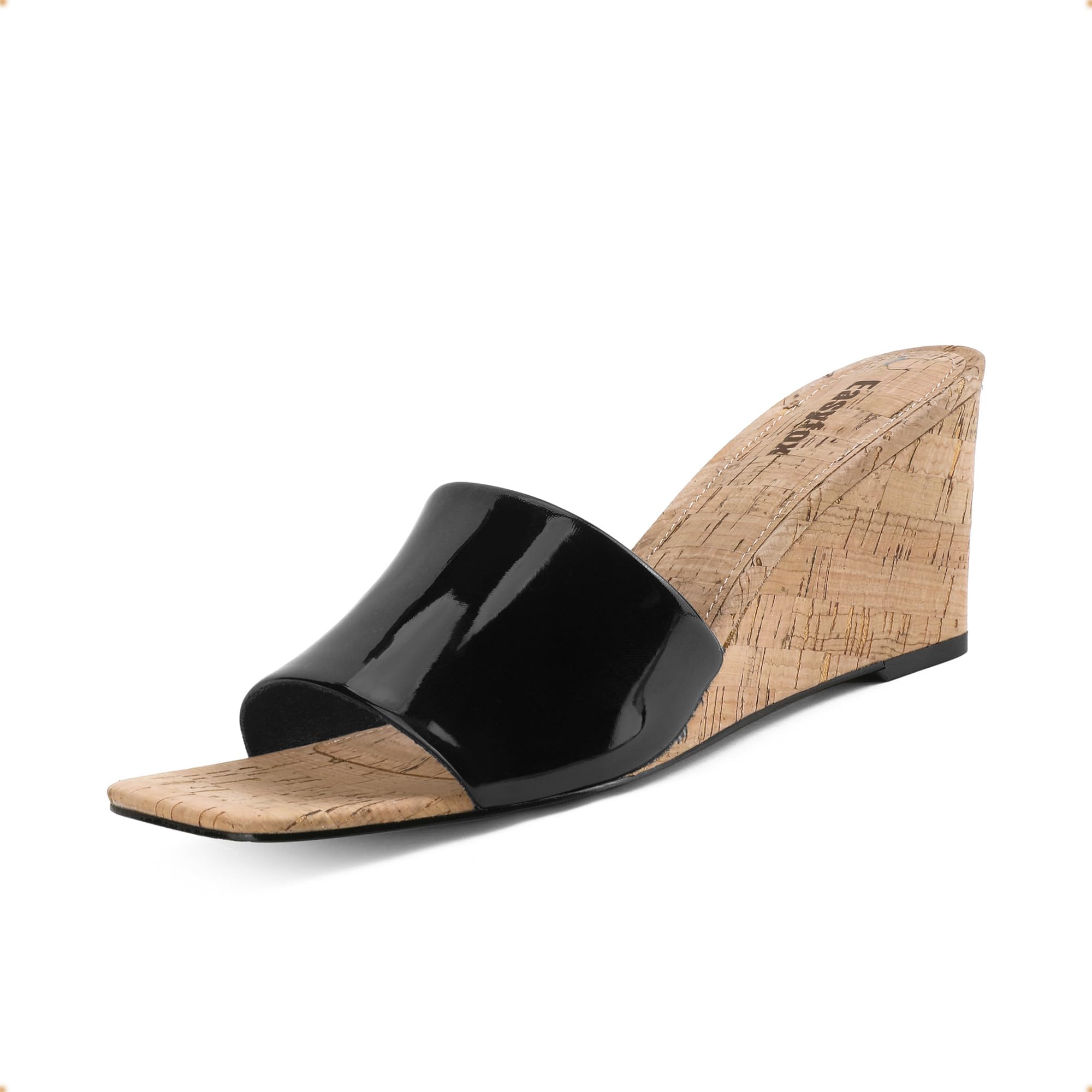 Easyfox Wedge Sandals for Women Open Toe Wedge Heels Womens High Heel Sandal Square Toe Heeled Wedge Sandals Wood Grain Slip on Wedge Mules