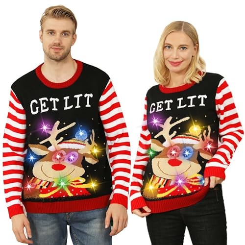 ZZCP Sueter Navideños Mujer Hombre,Ugly Sweater Christmas,Navideños Sueter Pareja con Bombillas Incorporadas,Jersey De Manga Larga Cuello Redondo A Rayas,Unisex Rojo Sueter Feos Navideño（1 Juego）