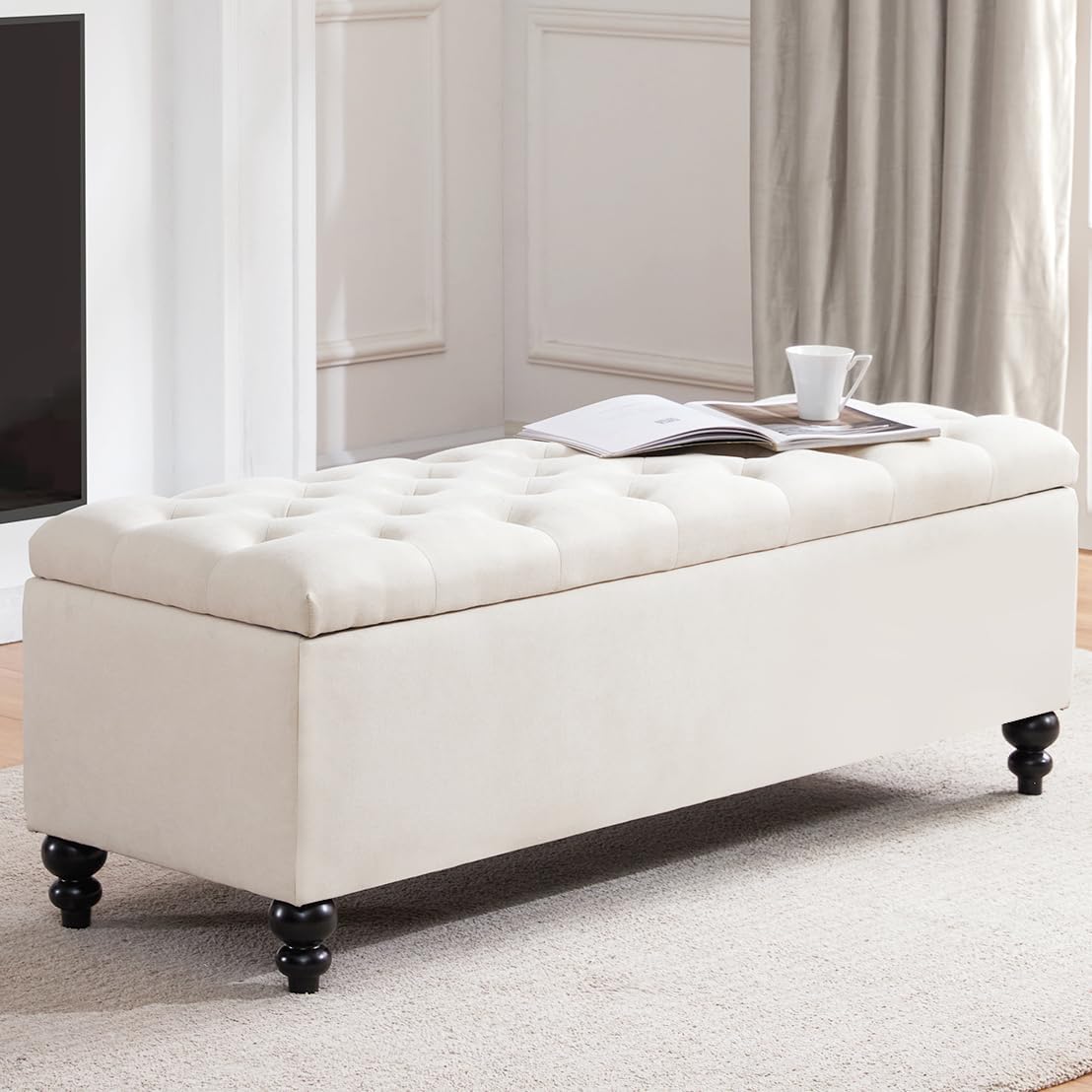HUIMO Ottoman with Storage, 51-inch Storage Ottoman Bench with Button-Tufted, Large Bedroom Bench Safety Hinge Ottoman in Upholstered Fabrics, for Bedroom, Living Room(Ivory)