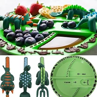 Niños Cubiertos Tenedor Cuchara Pala Set Constructiva Comer Utensilio Vajilla ((Verde) Juego Plato+Tenedor Cuchara)