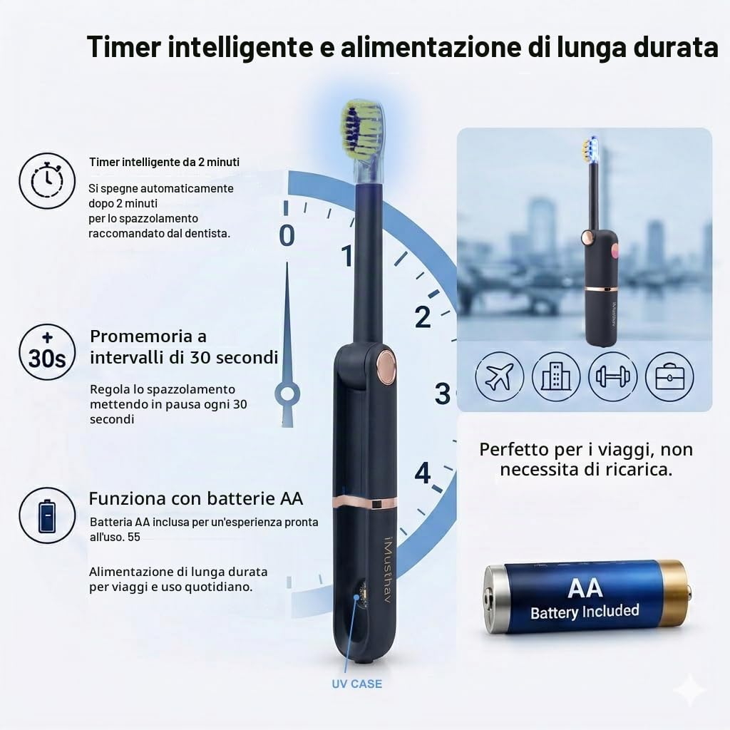 Spazzolino elettrico sonico pieghevole da viaggio con funzione di pulizia UV, funzione sbiancante, spazzolino elettrico per adulti, spazzolini da denti da viaggio
