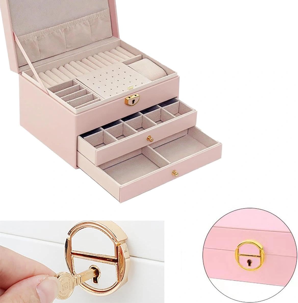 Joyero de 3 niveles, apilable, 2 cajones, caja de almacenamiento con compartimentos, con cerradura y llave, para pendientes, anillos, pulseras, collares (rosa)