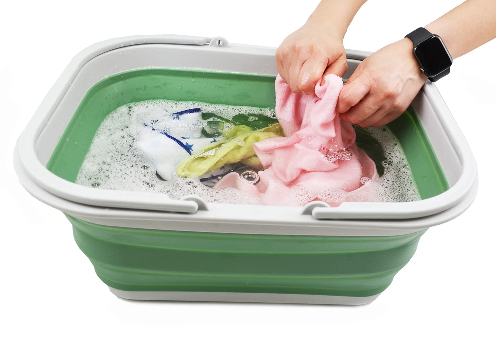 SAMMART 15L Zusammenklappbarer Korb mit Griff - Tragbarer Picknickkorb/Krater für den Außenbereich - Faltbare Einkaufstasche - Platzsparender Aufbewahrungsbehälter (Dunkles Meeresgrün + Altrosa)
