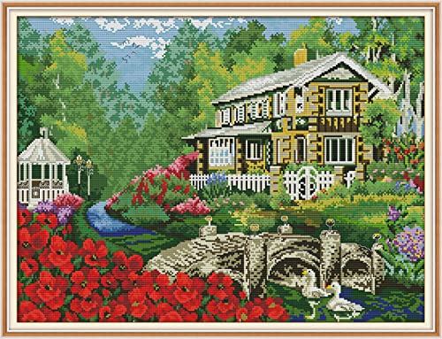 Kit Broderie Point de Croix Pré-imprimé 11CT Maison Fleurie 40x50cm DIY