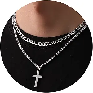 P.BLAKE 2 Pcs Cross Necklace With Chain for Men Boys, Layered Mens Stainless Steel Figaro Link Rope Chain 16-24 Inch Christian Religious Cross Pendant Necklaces Jewelry Gifts