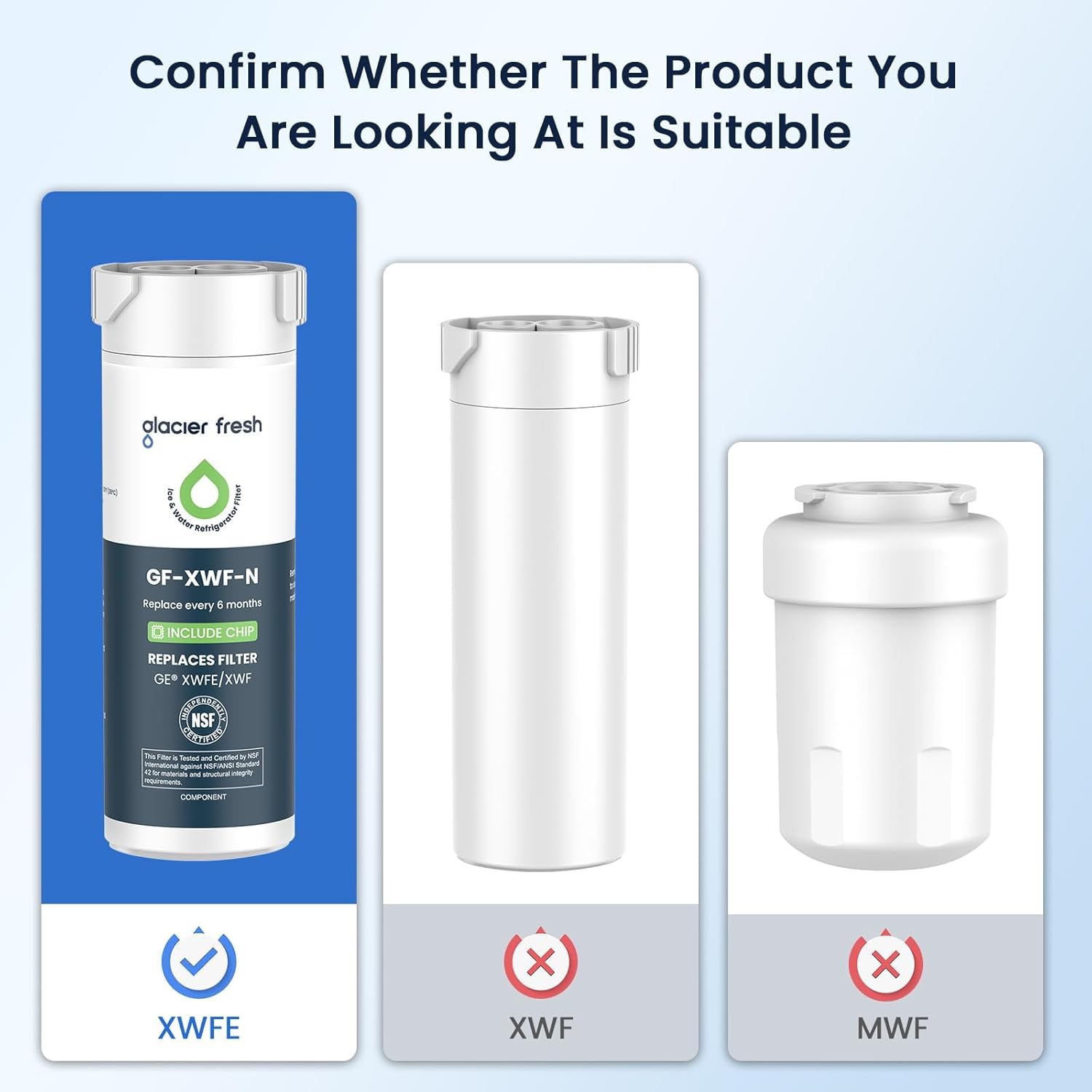 GLACIER FRESH Water Filter Compatible with XWFE (Built-in CHIP), Replacement for GE XWFE, XWF Refrigerator Water Filter NSF/ANSI 42 Certification Pack of 4