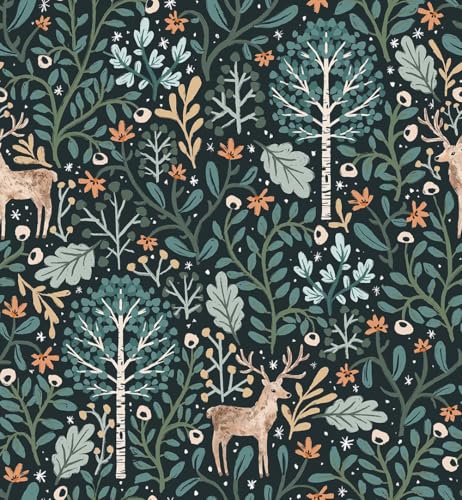 REDAMANCY Fairy Animal Forest Green Trees Deers Red Flowers Peel and Stick Wallpaper Stick on Contact Paper Vintage Wall Paper Easy Peel Off for nightstand Drawer Cabinet Renter
