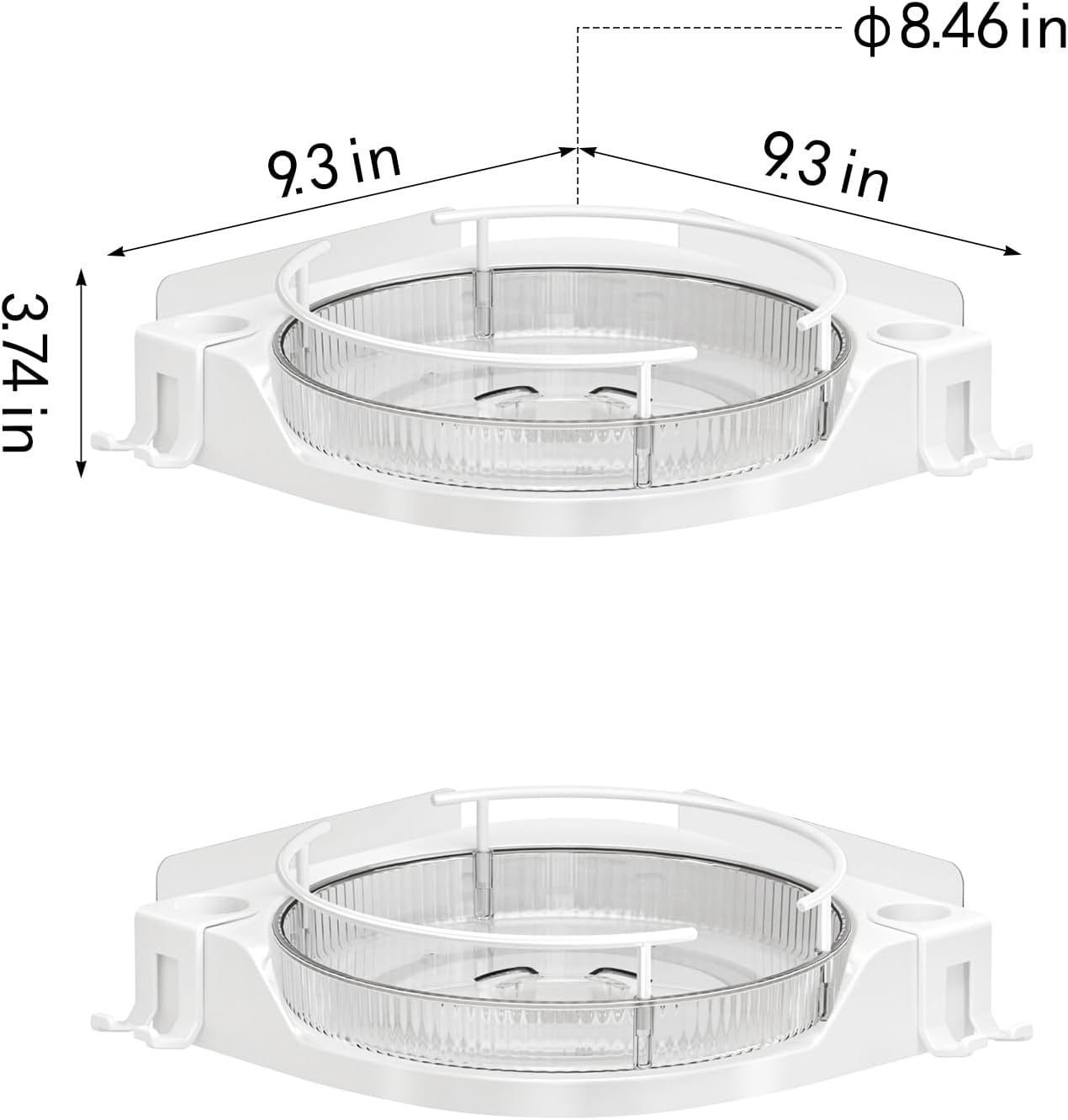 360°Rotating Corner Shower Caddy(2-Pack), No-Drill Adhesive Shower Shelf Organizer with Hooks, Lazy Susan Bathroom Storage for Bathtub, Shower Corner & Kitchen Sink, Space Saving Bathroom Organizer