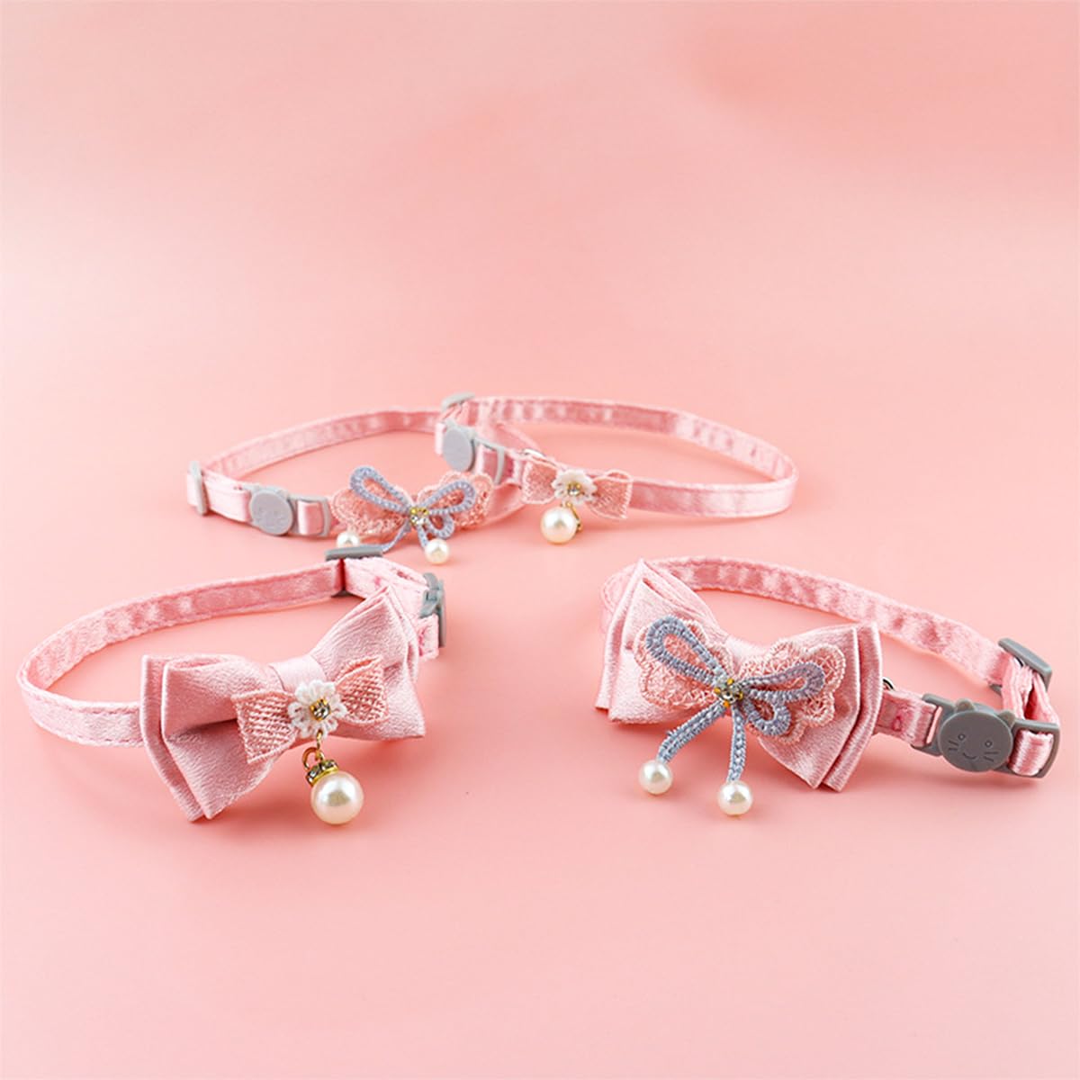 4 PCS Pink Bow Cat Collars Cute Kitten Collar Breakaway Safety Cat Bowtie Lightweight Kitten Collars with Quick release Buckle Lace Bow Beads Necklace Adjustable Puppy Necklaces for Cats Small Dogs - Image 3