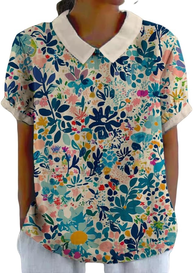 Womens Collared Boho Tops Casual Short Sleeve Graphic Tees Vintage Floral T Shirt Loose Fit Summer Tops