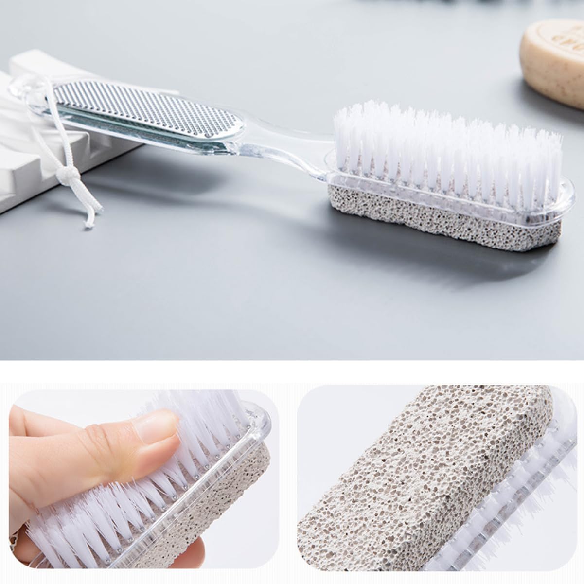 Raspador de Pies de Plástico, Piedra Pómez y Acero | Lima de Uñas Integrada, Kit Cuidado Pies, Uso en Casa y Experiencia Tipo Spa