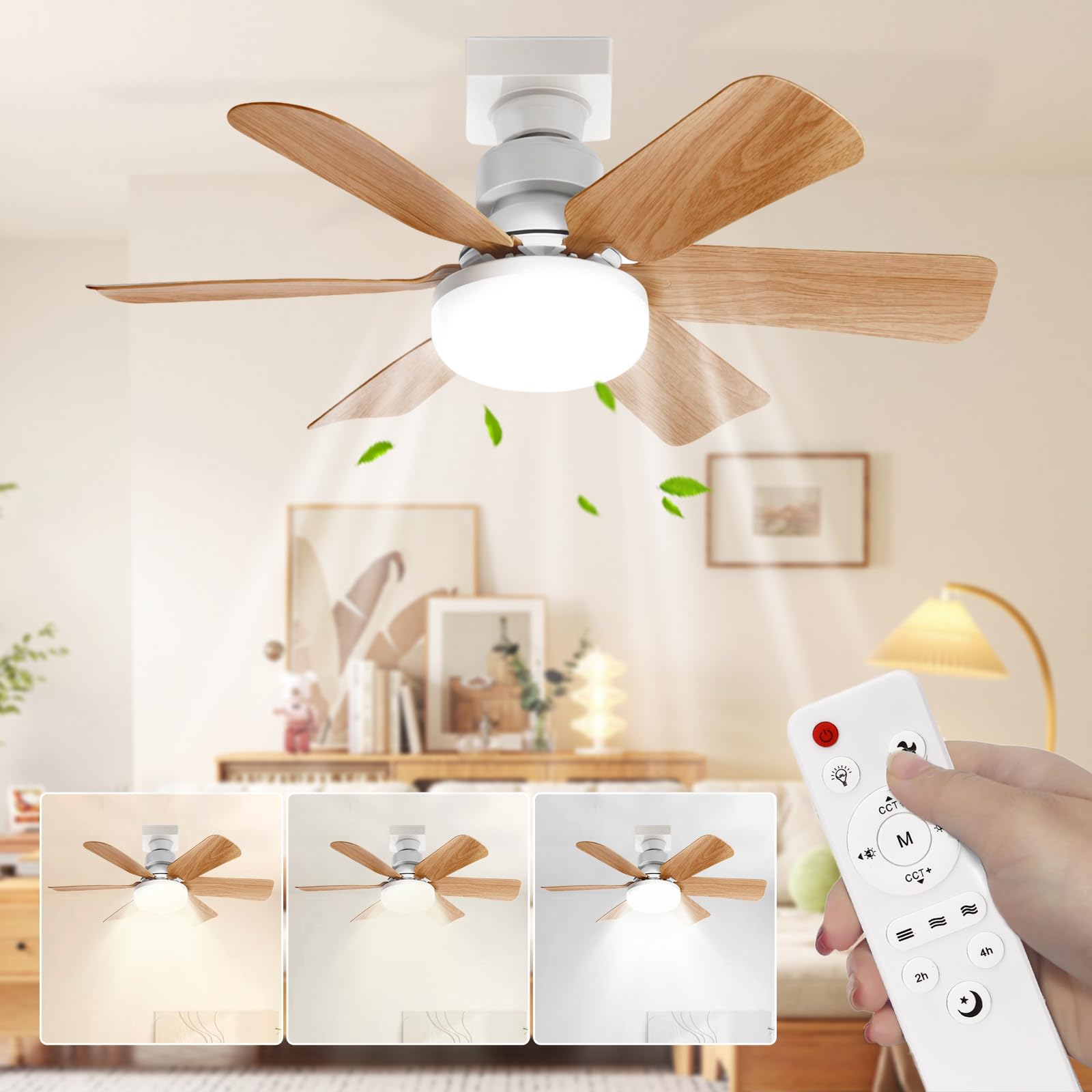 Ventilador de Techo con Luz y Mando a Distancia,51CM,Vetas de Madera,Regulación Continua de Luz, 3 Velocidades, Temperatura de Color Regulable Continua,Para Dormitorio, Balcón, Pasillo y Salón