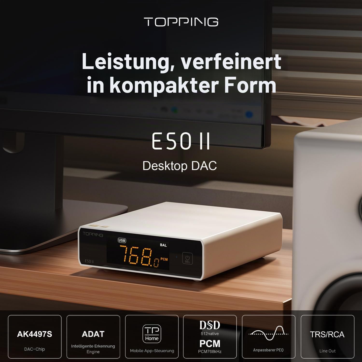 TOPPING E50 II Desktop DAC-Vorverstärker, USB/Optisch/Koaxial/Bluetooth Eingänge, AK4497S Digital-Analog-Audio-Wandler, 10-Band-PEQ, TRS/RCA-Ausgang, HiFi-Decoder mit App-Steuerung, Schwarz