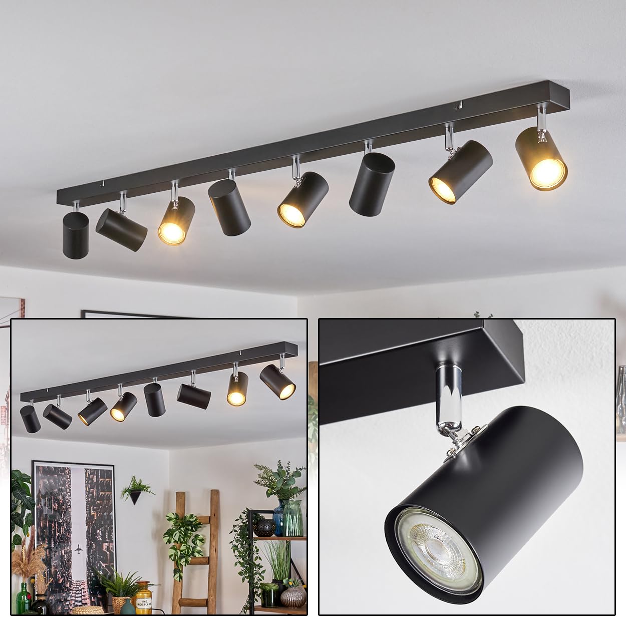 HOFSTEIN Deckenleuchte Gesteira, 8-flammige Deckenlampe aus Metall in Schwarz/Chromfarben, Leuchte im modernen Design mit verstellbaren Schirmen, GU10, Esszimmer, Wohnzimmer, Küche, Schlafzimmer, Flur