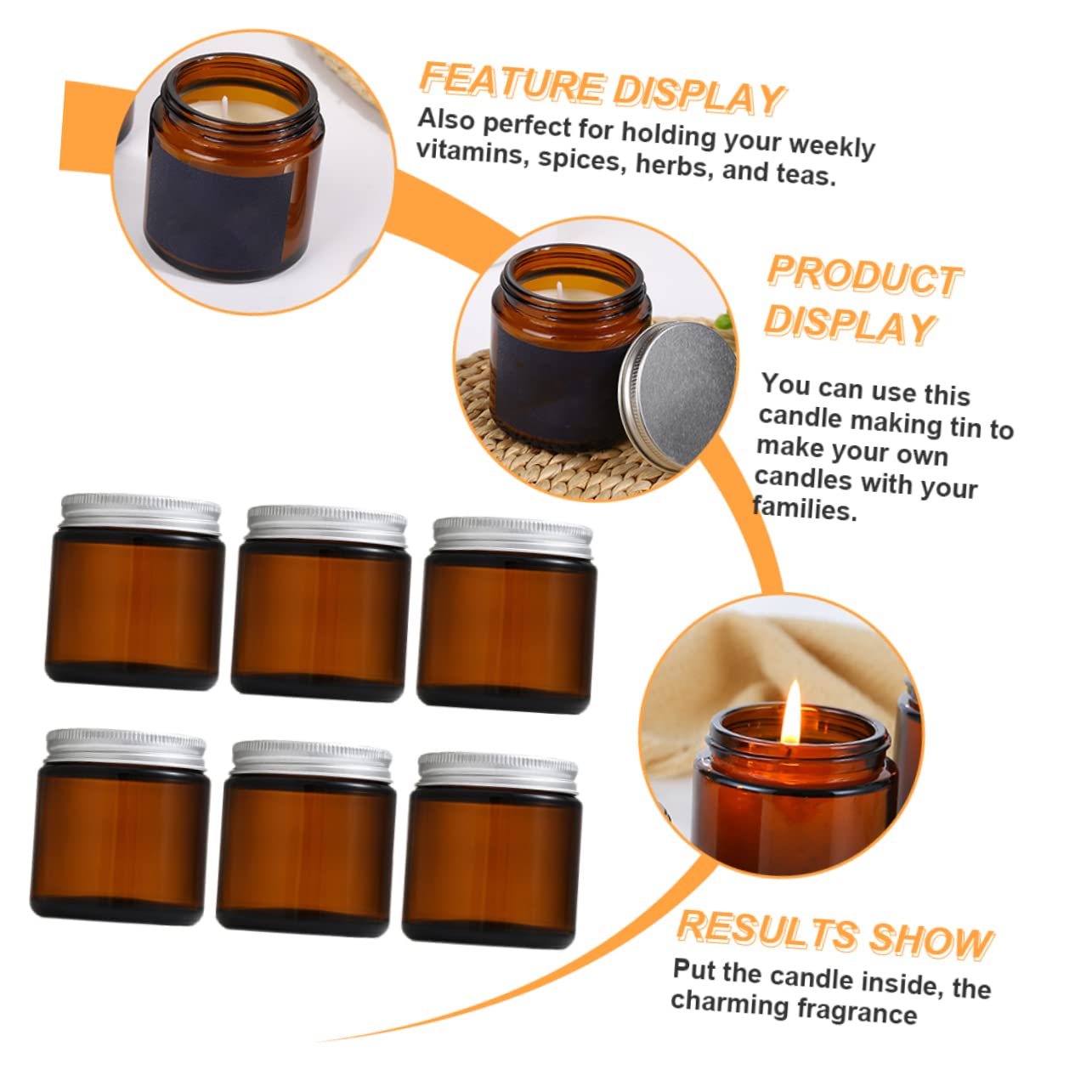 LIFKOME Pots à Bougie avec Couvercles 120g en Alliage D'aluminium, Récipients Remplissables 6pcs en Verre Marron pour Fabrication de Bougies Artisanales