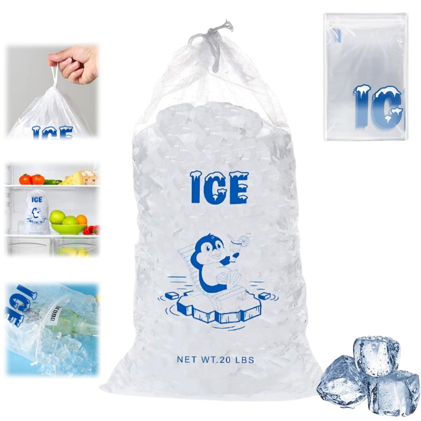 10PCS Plastic Ice Bags with Drawstring,Reusable Bag,Heavy Duty Ice Bags can Withstand 20 Pounds,Thickened Empty Ice Bags,Ice Cube Bag,Ice Storage Bags for Freezer,Ice Bags for Ice Cubes,Ice Cubes