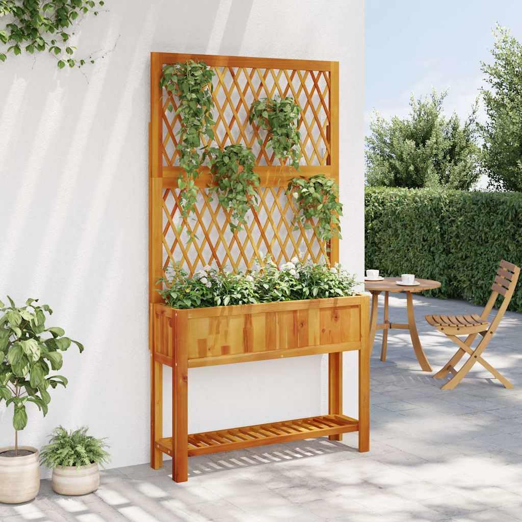 Donica z trejażem i półką 100x32x185 cm lite drewno akacjowe skrzynia ogrodowa na rośliny pnące stabilna i trwała do ogrodu patio taras z drenażem