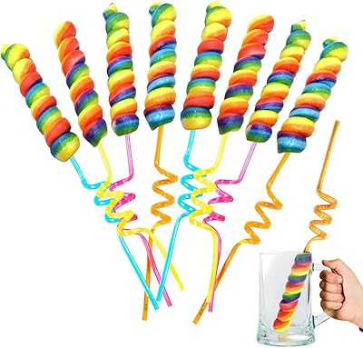 Rainbow Candy Crazy Straws Big Lollipops - Colorful Swirl Suckers Individually Wrapped (8 pieces - 50 grams per pop) Great...