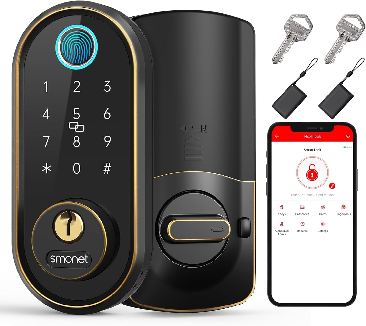 Smart Locks for Front Door - SMONET Fingerprint Deadbolt Keyless Entry Door Lock Electronic Touchscreen Keypad Biometric Digital Code Bluetooth Deadbolt, App Remote Control for Homes and Hotel