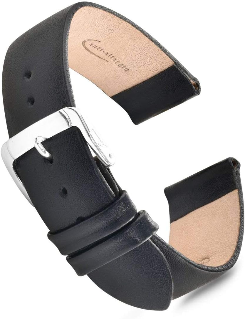 Speidel Genuine Leather Watch Band 18mm Black Calf Skin Replacement Strap, Stainless Steel Metal Buckle Clasp, Watchband Fits Most Watch Brands