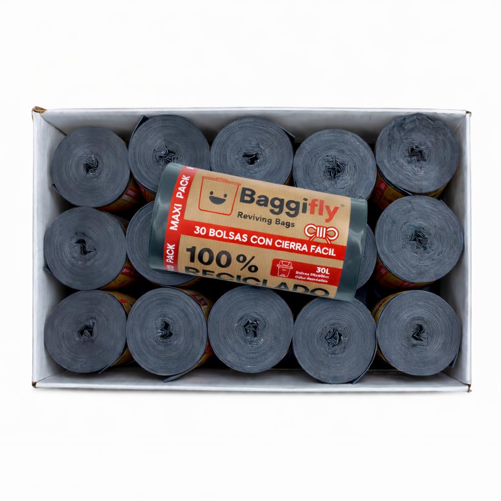Baggifly Worki na śmieci 30L - 30 rolek po 30 torebek - 100% materiał z recyklingu - wymiary 55 x 60 cm - Idealne do użytku domowego - Super wytrzymałe torby - Z górnym zamknięciem - Szary