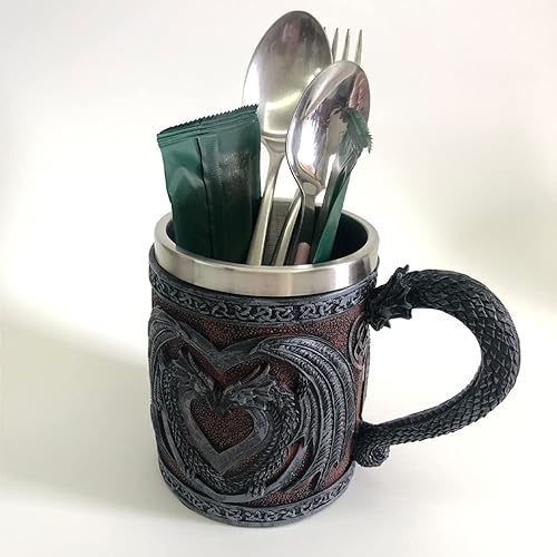 Miniatura 4 de OURASHERO Taza medieval de doble dragón, de resina, medieval, renacentista, dragones, cerveza, jarra, vikingo, jarra, taza de café de acero