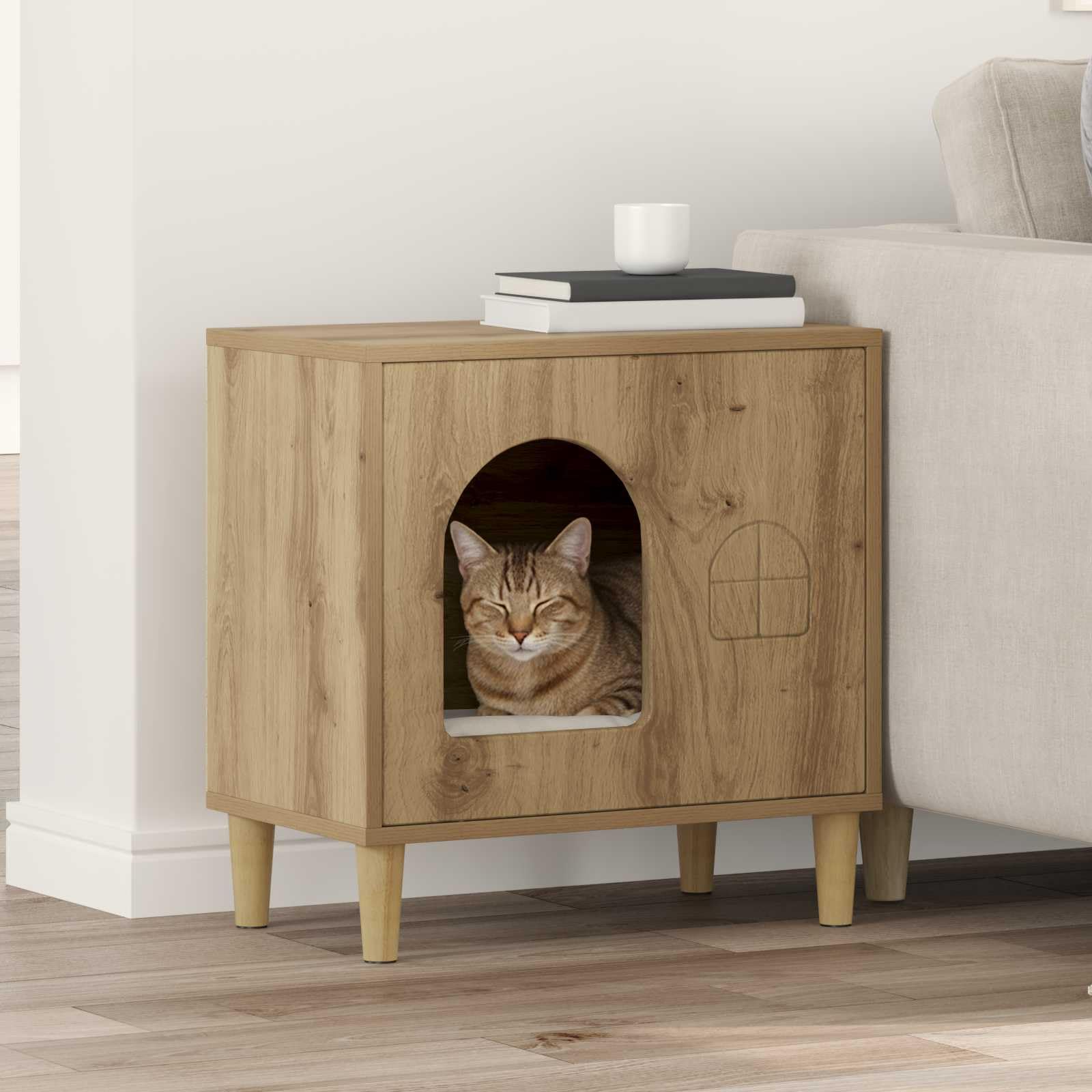 Maison pour chat chêne artisan 51x30x52cm abri boîte de protection animaux