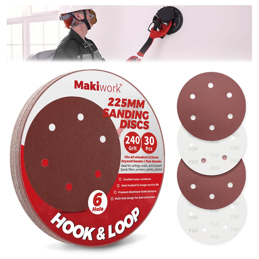 Makiwork 30PCS 225mm 6-Hole 240 Grit Hook & Loop Sanding Discs – Heavy-Duty Aluminum Oxide Sandpaper for Drywall Sander, Paint Removal, Wood & Metal Surface Prep