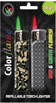 Amazing Color Flame Fire Butane Colorflame Colorful Torch Lighter Colored Flame Pocket Lighter Red Flame and Green Flame- 2 Pack Choose Your Assortment Camouflage & Steelplate