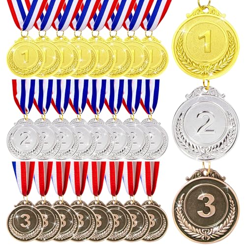 ZoxiLume 24 Pcs Gold Silver Bronze Award Medals 2 Olympic Style Winner Medals Gold Silver Bronze Prizes with Ribbon for Sports Game Competitions Party Favors and Decorations (24)