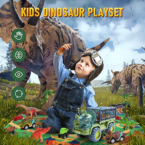 Cute Stone Dinosaur Truck For Kids 3-5, Dinosaur Transport Truck With Dinosaur Toys And Play Mat, 2 Friction Powered Cars, 4 Pull Back Dinosaur Cars, Dino Car Playset For Boys #TOP1