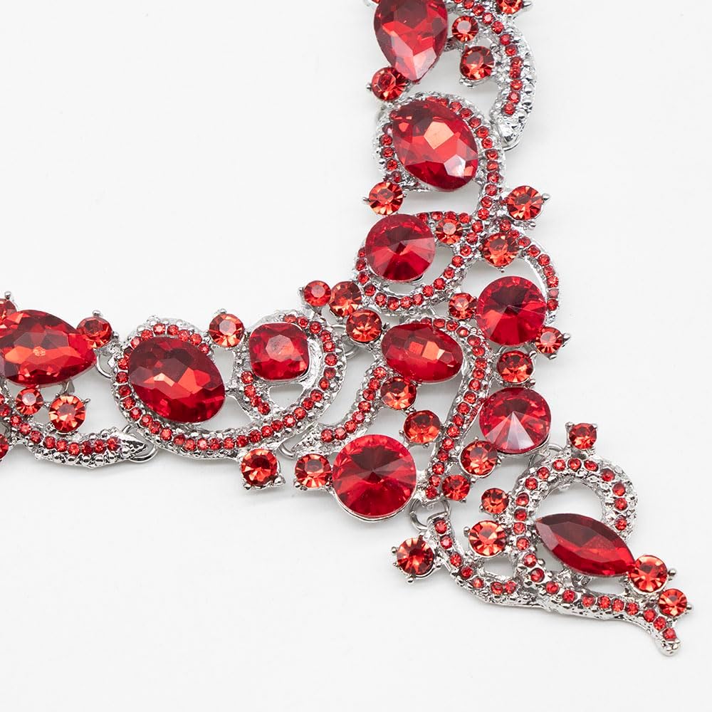 Crystal Flower Rib Statement Necklace Rhinestone Vintage Chucky Necklace and Dangle Earrings Jewerly Set - Image 7