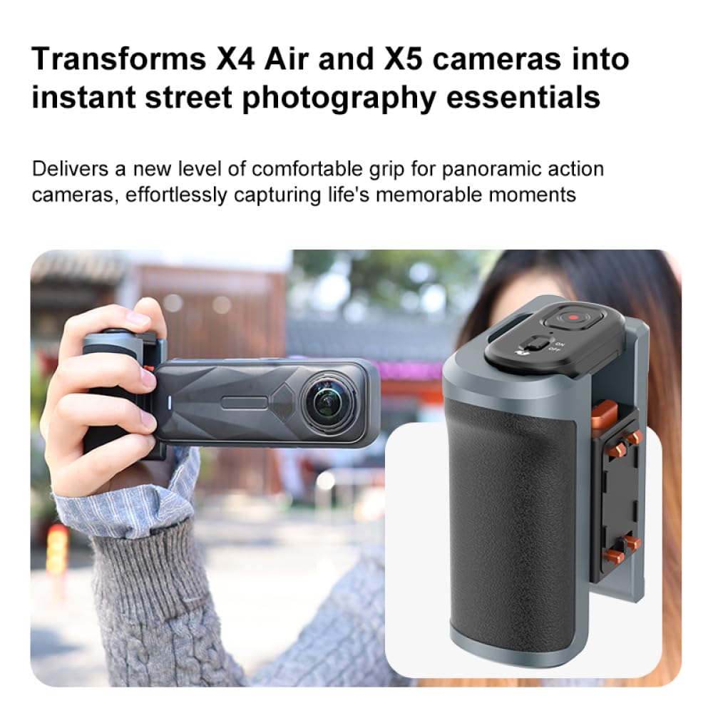 Impugnatura per riprese stradali per Insta360 X4 air/X5 Bluetooth compatibile con maniglia per fotografia di strada in lega di alluminio, design ergonomico, sgancio rapido, telecomando da 10 m, porte
