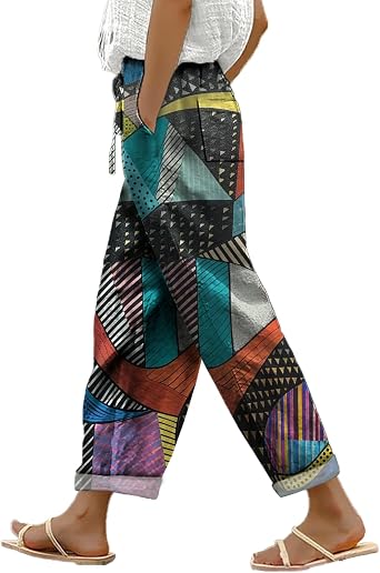 High Waist Trousers for Women Trendy Y2k Geometric Boho Floral Elastic Drawstring Palazzo Pants Casual Wide Straight Leg Lightweight Summer Ankle-Length Beach Vacation Slacks with Pockets,M