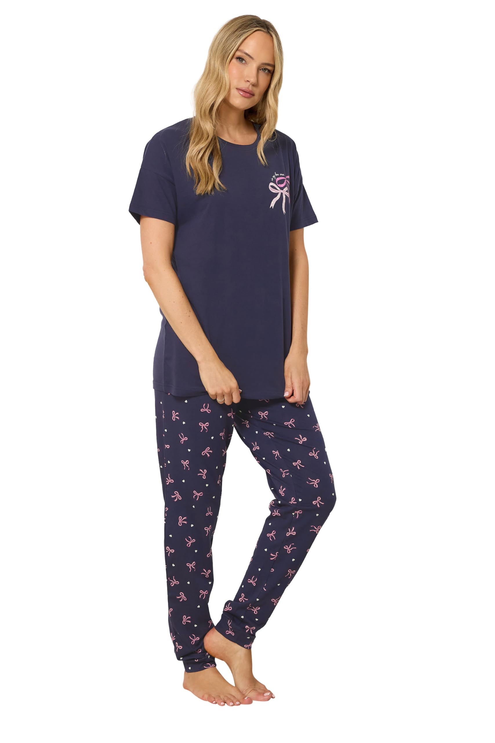 Long Tall Sally Women's Navy - Lts Tall Blue Bow Print Cotton Cuffed Pyjama Set
